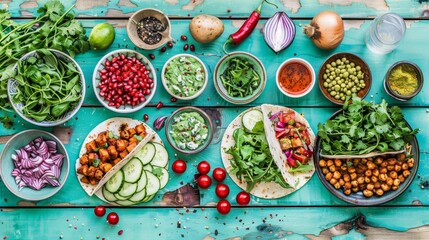 Fototapeta premium Variety of Fresh, Colorful Vegan Tacos With Delicious Side Dishes In Rustic Style, Top View.