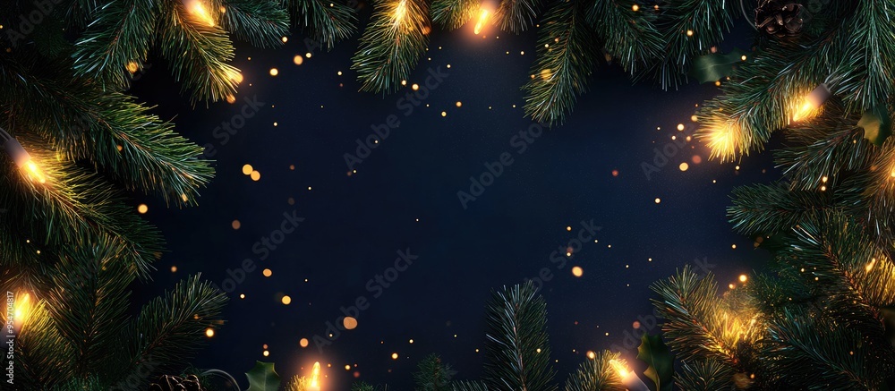 Poster christmas background featuring a frame of fir branches lights and copyspace