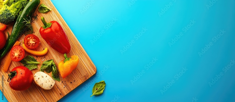 Leinwandbilder closeup of a wooden cutting board with fresh vegetables on a colored background. with copy space ima