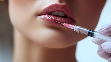 closeup view Lips filler injection. Beauty procedure concept. For banner, design, clinic, spa, cosmetology, blog, social media, business