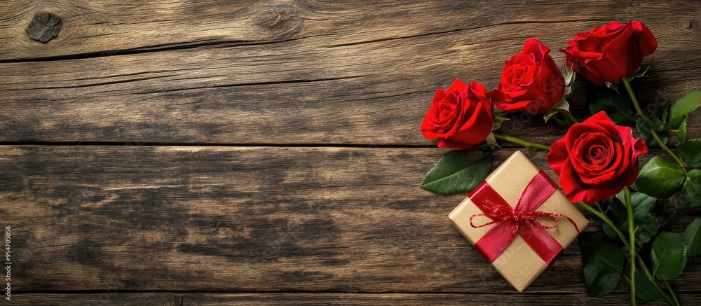 Aufkleber valentine s day gift box and red roses on a wooden surface top view with room for your greetings. wi
