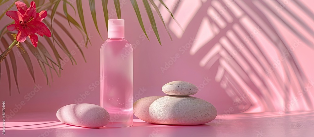 Poster glass bottles on stones against a pastel background cosmetic container mockup with space for text th