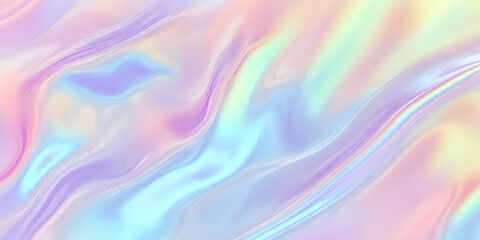 Seamless trendy iridescent rainbow foil texture. Soft holographic pastel unicorn marble background pattern. Modern pearlescent blurry abstract swirl illustration.