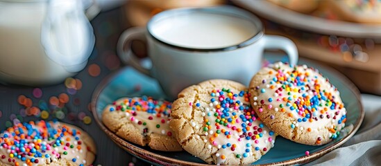 A plate containing a stack of large cookies topped with colored sprinkles accompanied by a cup in selective focus. with copy space image. Place for adding text or design
