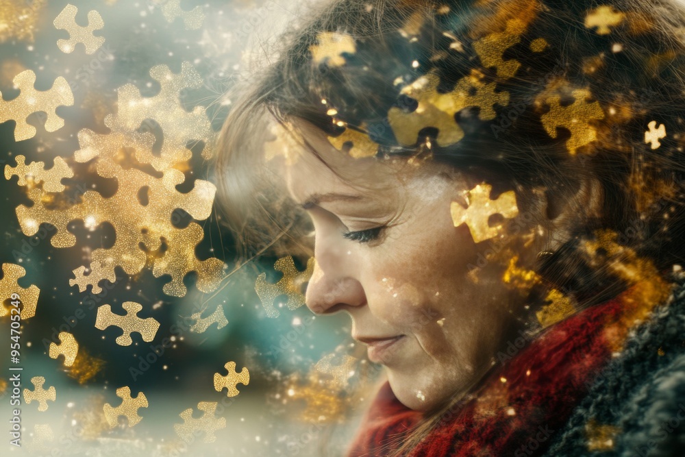 Aufkleber executive function specialized portrait of an elderly woman with puzzle pieces falling around her sy