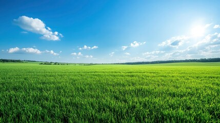 Obraz premium Beautiful natural scenic panorama green field of cut grass into and blue sky with clouds on horizon. Perfect green lawn on summer sunny day with generative ai