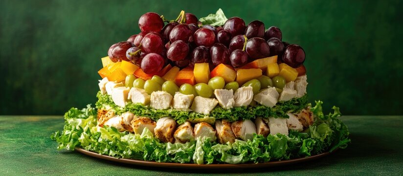 The famous Tiffany layered salad features grapes chicken and cheese set against a green background Its name comes from the nickname of the woman who shared the salad recipe on a culinary website