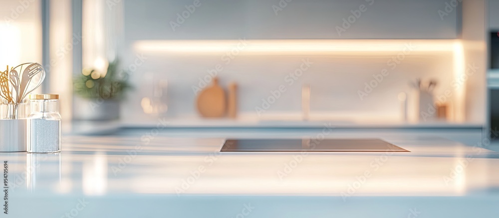 Poster Abstract blurred image of a kitchen with soft lighting for background use Blurred interior background concept in white tones. with copy space image. Place for adding text or design
