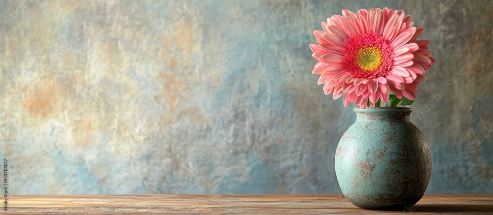 Poster a lovely pink gerbera jamesonii daisy flower in a vase sitting on a table barberton transvaal daisy 