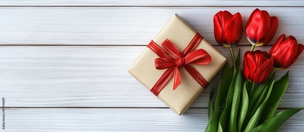 Poster lovely gift box with a bow and red tulip flowers on a white wooden background top view copyspace ava