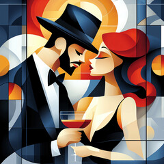 The style of vector art of the 1940s. A genre scene of people dancing tango in a bar in the Gothic style, with streamlined unusual colors, super detail, sci-fi illustration of the 1940s