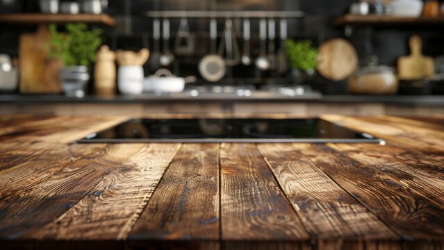 Rustic wooden countertop with a black stovetop in the background.