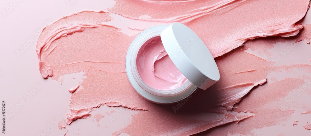 Poster An open cosmetic jar set against a backdrop of smeared cream or a cosmetic face mask Purifying and hydrating clay mask Top view flat lay. with copy space image. Place for adding text or design