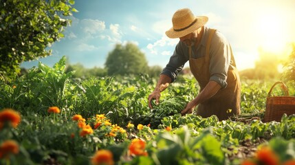 A farmer in a straw hat harvesting vegetables in a lush, sunlit garden surrounded by vibrant flowers under a beautiful sky.
