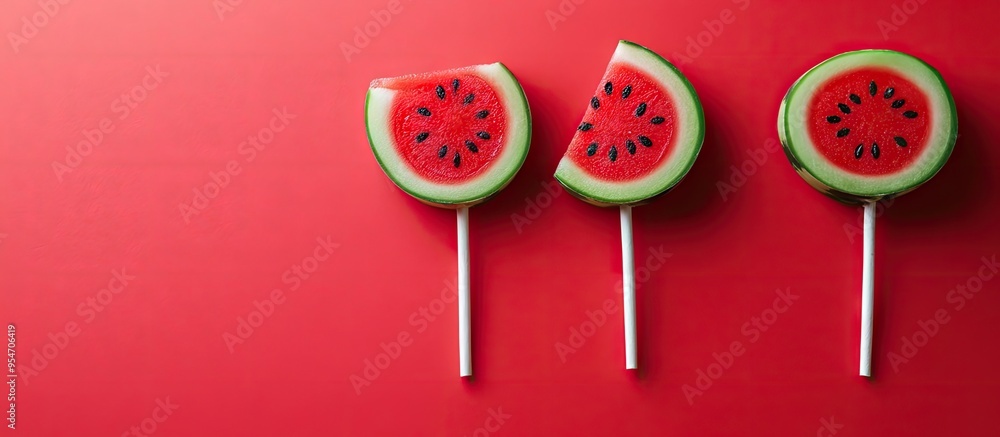Aufkleber Watermelon slice shaped lollipops on a red background. with copy space image. Place for adding text or design