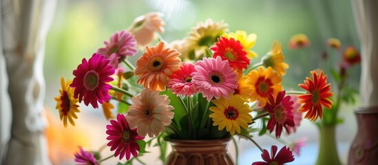 Multi colored flower vases focus on the image at certain moments. with copy space image. Place for adding text or design