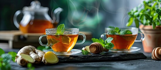 Cup of tea with ginger mint and honey on a colored background. with copy space image. Place for adding text or design