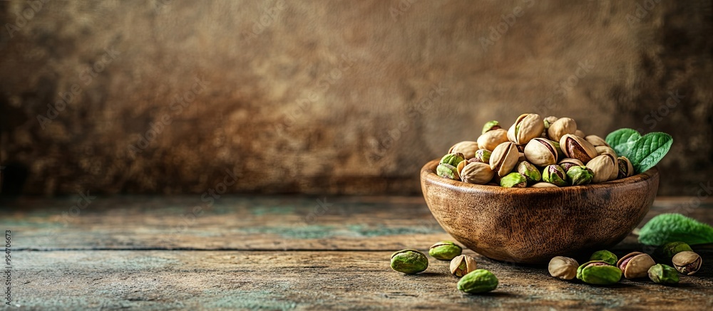 Leinwandbilder organic pistachio nuts in a bowl on a wooden table room for text. with copy space image. place for a