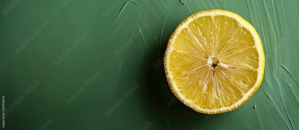 Aufkleber a round slice of fresh ripe lemon on a green table in the kitchen copy space for your text top view 
