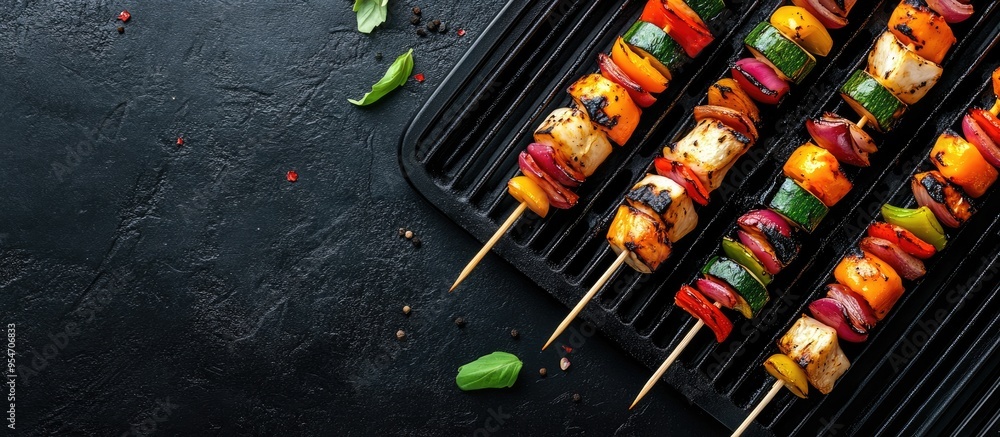 Aufkleber Vegetable and cheese skewers on an electric grill. with copy space image. Place for adding text or design