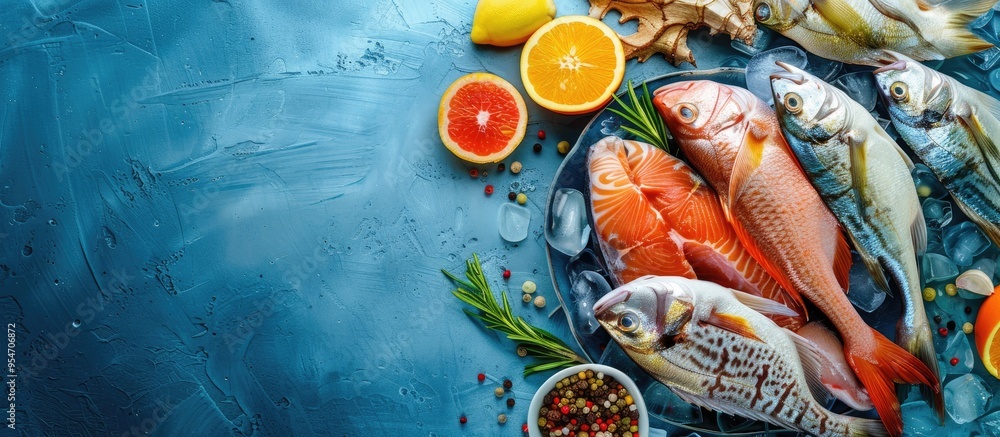 Poster top view of fish and seafood on a blue table with copyspace