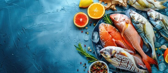 Top view of fish and seafood on a blue table with copyspace