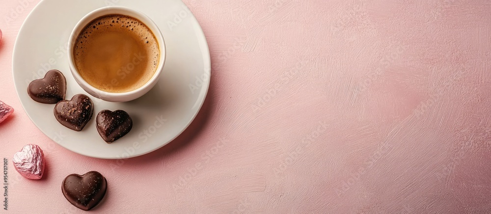 Poster Top view of a chocolate heart and coffee for Valentine s Day. with copy space image. Place for adding text or design