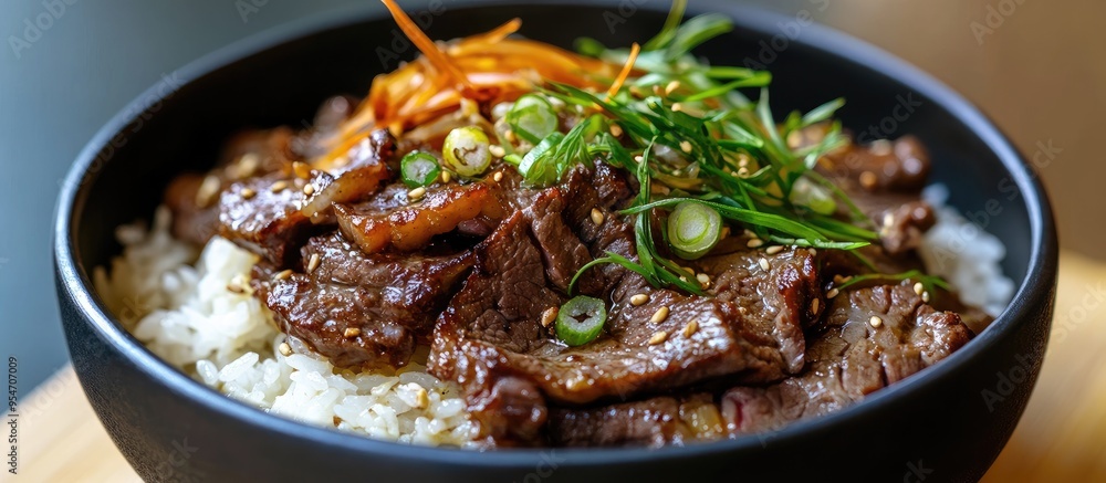 Poster Japanese dish Negi Gyudon features spring onion and beef served over rice. with copy space image. Place for adding text or design