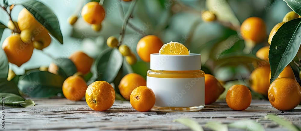 Poster a white jar of cosmetic cream alongside kumquat fruit on a wooden surface. with copy space image. pl