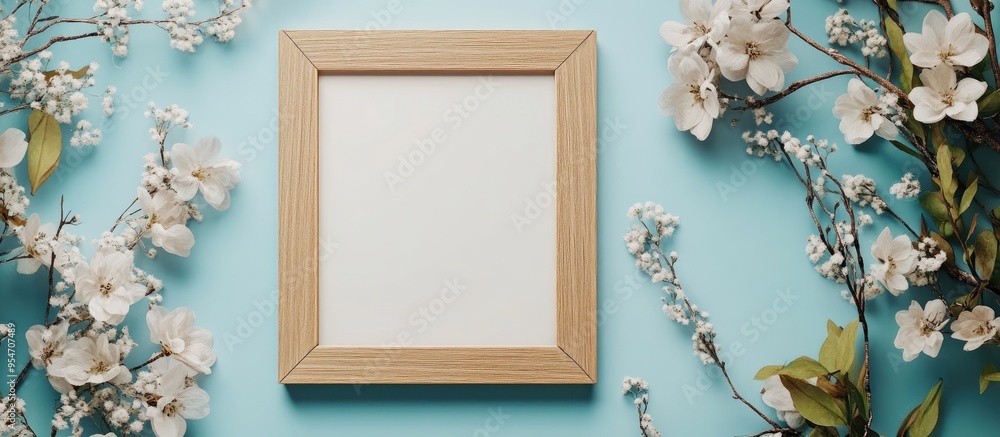 Poster Empty wooden photo frame and preserved flowers. with copy space image. Place for adding text or design
