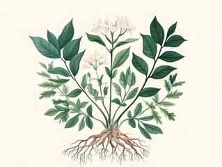 botanical of a plant with detailed roots,stems,leaves,and flowers