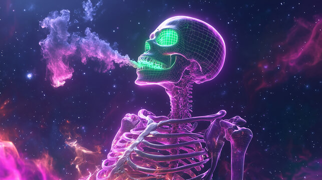 skeleton smoking in space, green and purple theme colors, psychedelic 70s art. colorful style, galaxy gradients background
