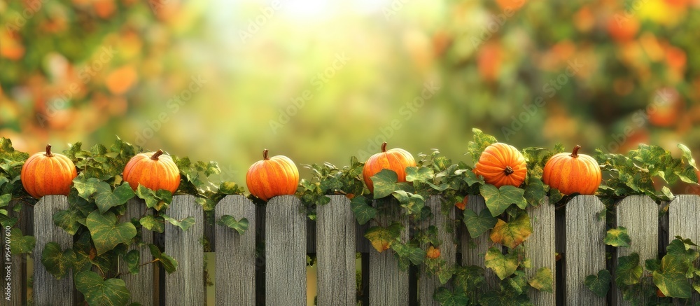 Poster small pumpkins placed on a fence in the autumn season. with copy space image. place for adding text 
