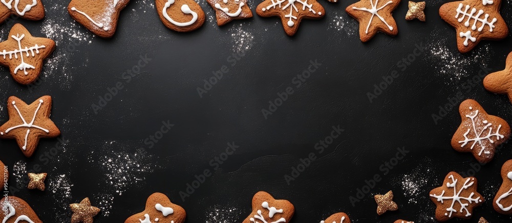 Poster Christmas gingerbread border on a black background with space for text in the center Christmas Theme Creative Background Copyspace Grungy Style