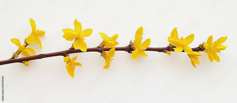 Poster close up of forsythia flowers at the end of a branch featuring space for copy