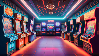 A nostalgic 80s arcade scene with classic arcade games, colorful neon lights, and vintage game cabinets, creating a retro gaming environment.