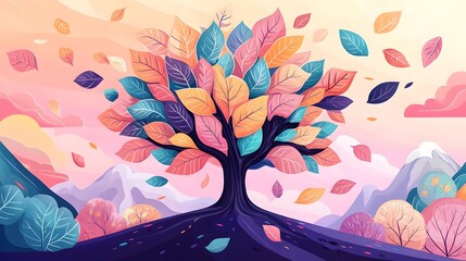 Whimsical Autumnal Tree with Playful Cartoon-Style Leaves Falling in Colorful Scene
