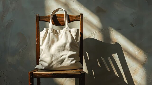 Canvas tote bag on a wooden chair in sunlight, minimalist interior. Sustainable lifestyle and home decor concept