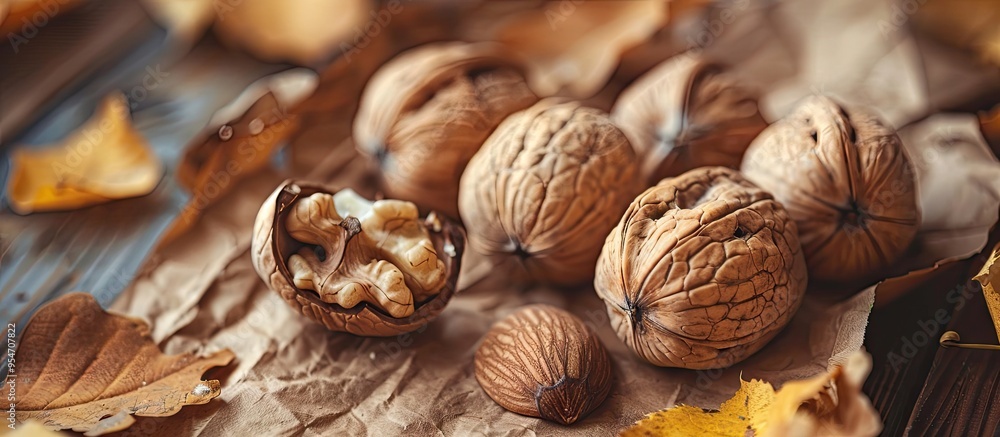 Fototapete textured vintage paper background featuring freshly harvested walnuts. with copy space image. place 