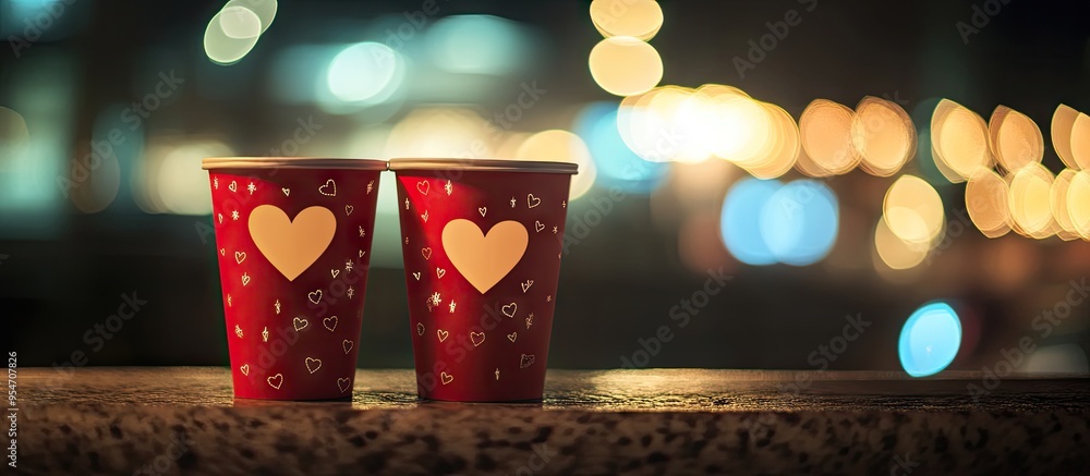 Leinwandbilder two drink cups at night with beautiful bokeh representing the concept of valentine s day. with copy 