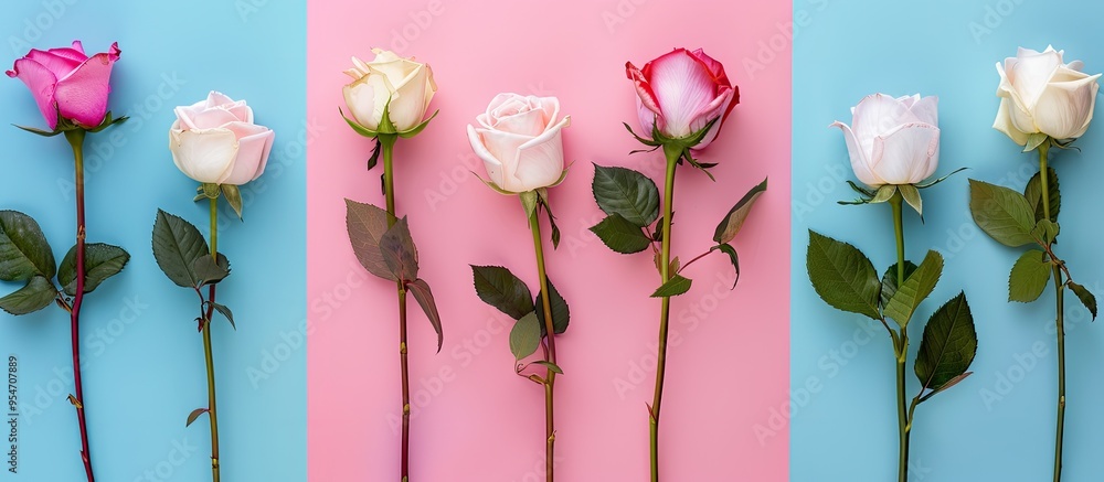 Poster Arrangement of roses set against a colored background Overhead top view flat lay Copy space Concepts for birthday Mother s Day Valentine s Day Women s Day or Wedding Day