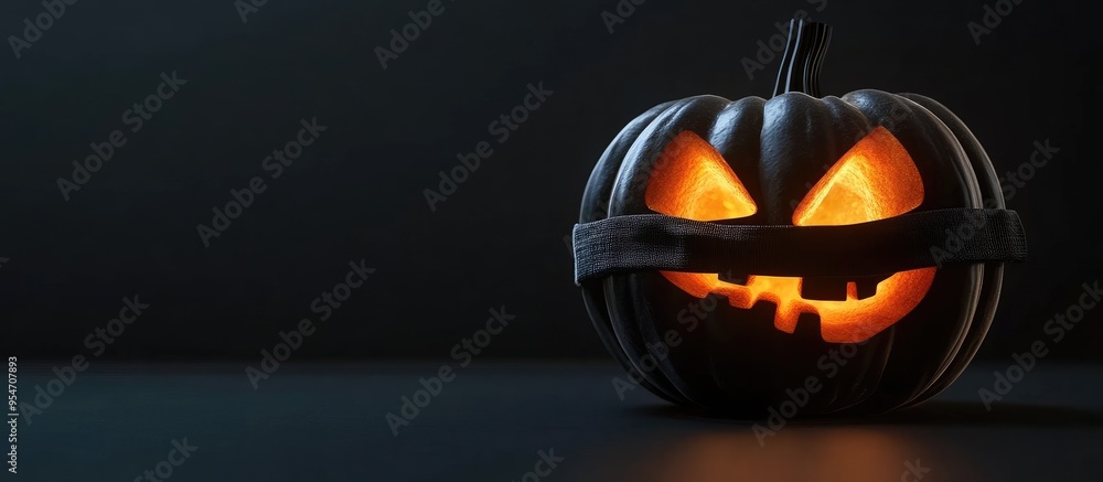 Poster pumpkin lantern wearing a black medical mask. with copy space image. place for adding text or design