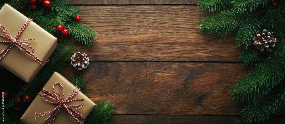 Aufkleber christmas gift boxes and a fir tree branch on a wooden table viewed from above christmas background.