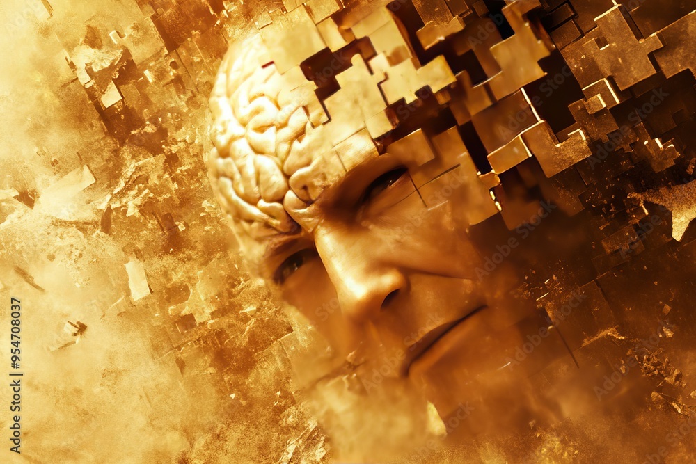 Poster neurocognition specialized abstract portrait of a man with fragmented puzzle pieces and neural conne