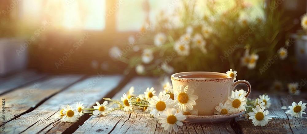 Aufkleber herbal tea featuring chamomile flowers set against an old wooden table background. with copy space i