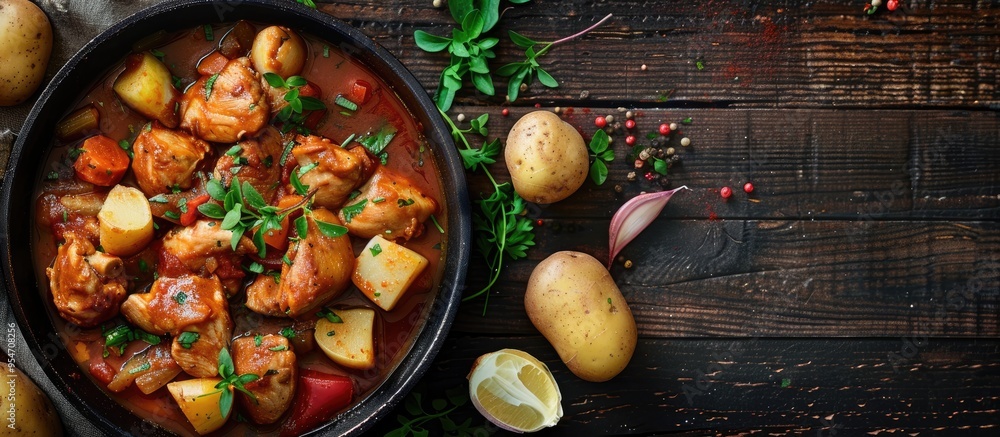 Poster Chicken stew featuring potatoes and vegetables Rustic slow cooked chicken Meat and vegetables are sauteed before being stewed Country style Top view Copy space Space for text