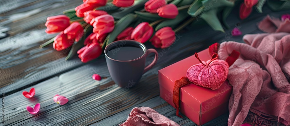 Poster red box in the shape of a heart pink tulips a gray sheet and a coffee mug black background. with cop