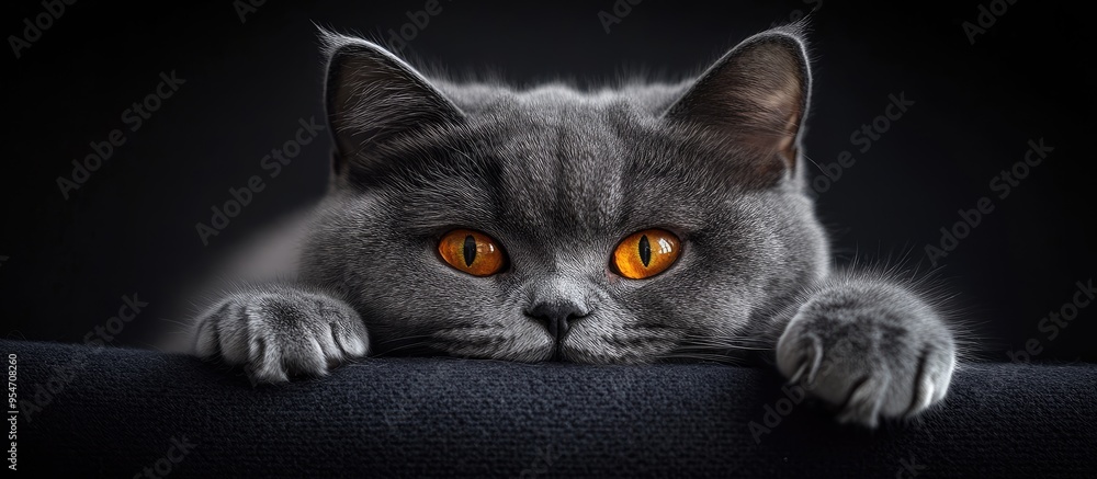 Poster adorable british shorthair cat with amber eyes. with copy space image. place for adding text or desi
