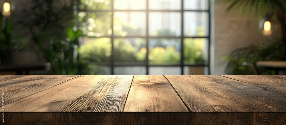 Poster wooden board empty table with a blurred window background can serve for displaying or presenting you