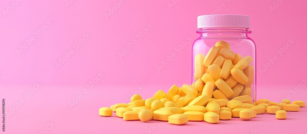 Poster bottle with yellow pills spilled on a pink background pharmacy theme. with copy space image. place f